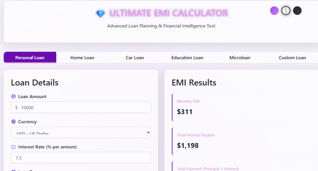 EMI Calculator Interface with Loan Amount and Interest Rate